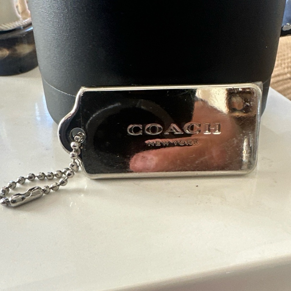 COACH NEW YORK Charm Chrome Thick Metal Bag Tag Keychain with Protective Cover